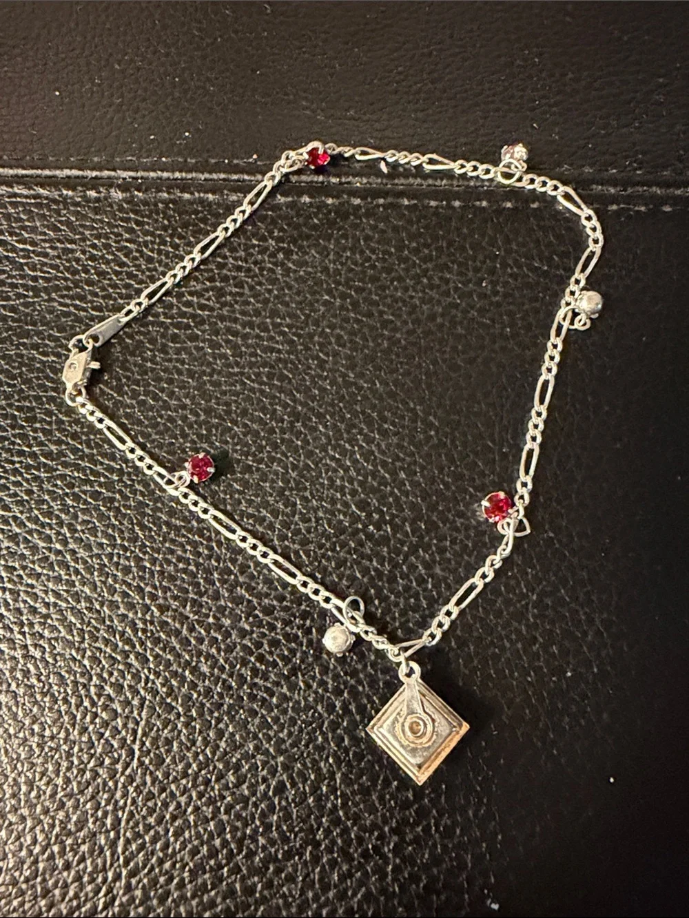 Silver Tone Chain Anklet with Red and Pink Gemstone Charms